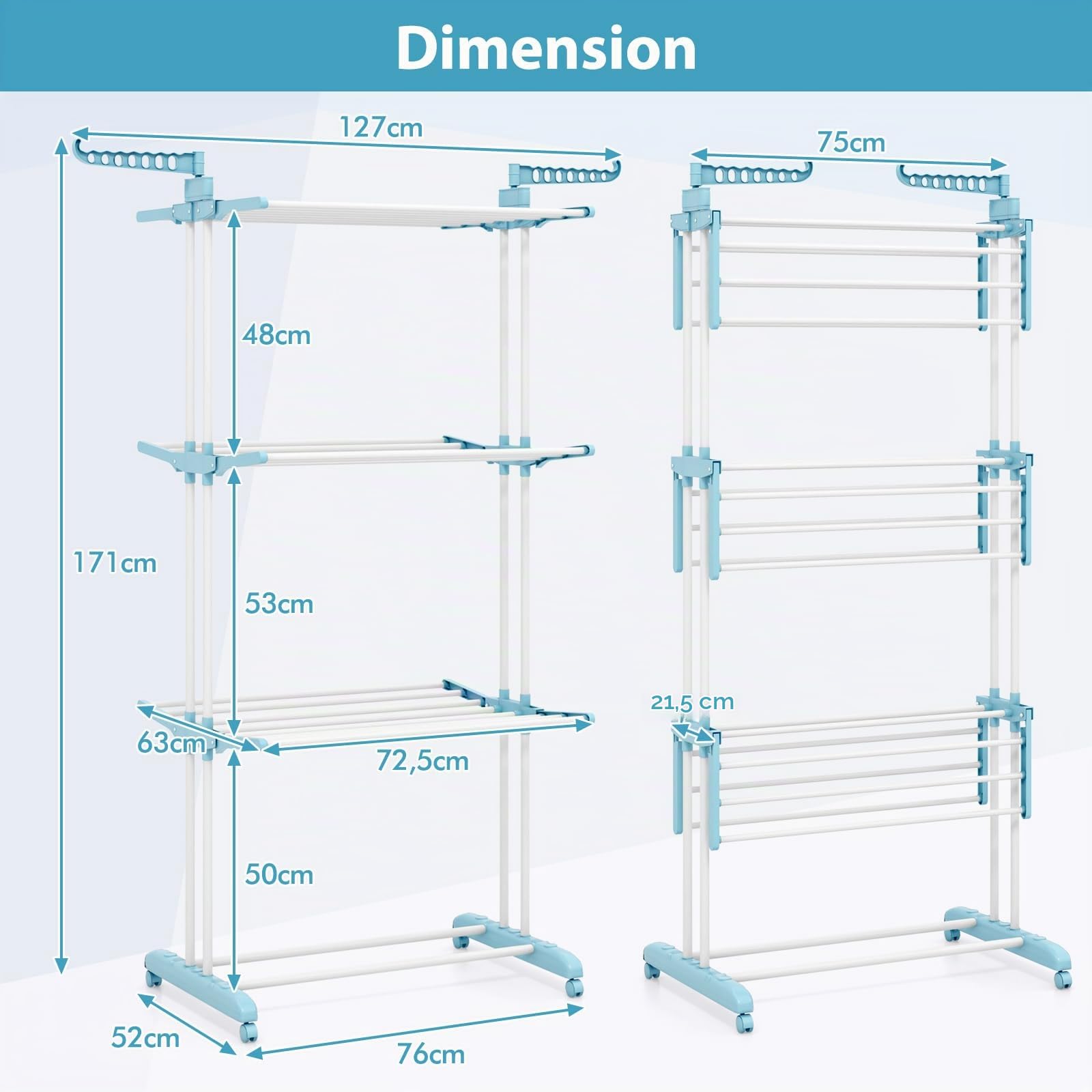 COSTWAY Sechoir à Linge Pliable 3 Niveaux, Étendoir Linge à roulettes en Métal, Sechoir Tancarville Solide avec 2 Porte-cintres, Porte-Chaussures, Seche Linge Intérieur Extérieur (Bleu Clair)