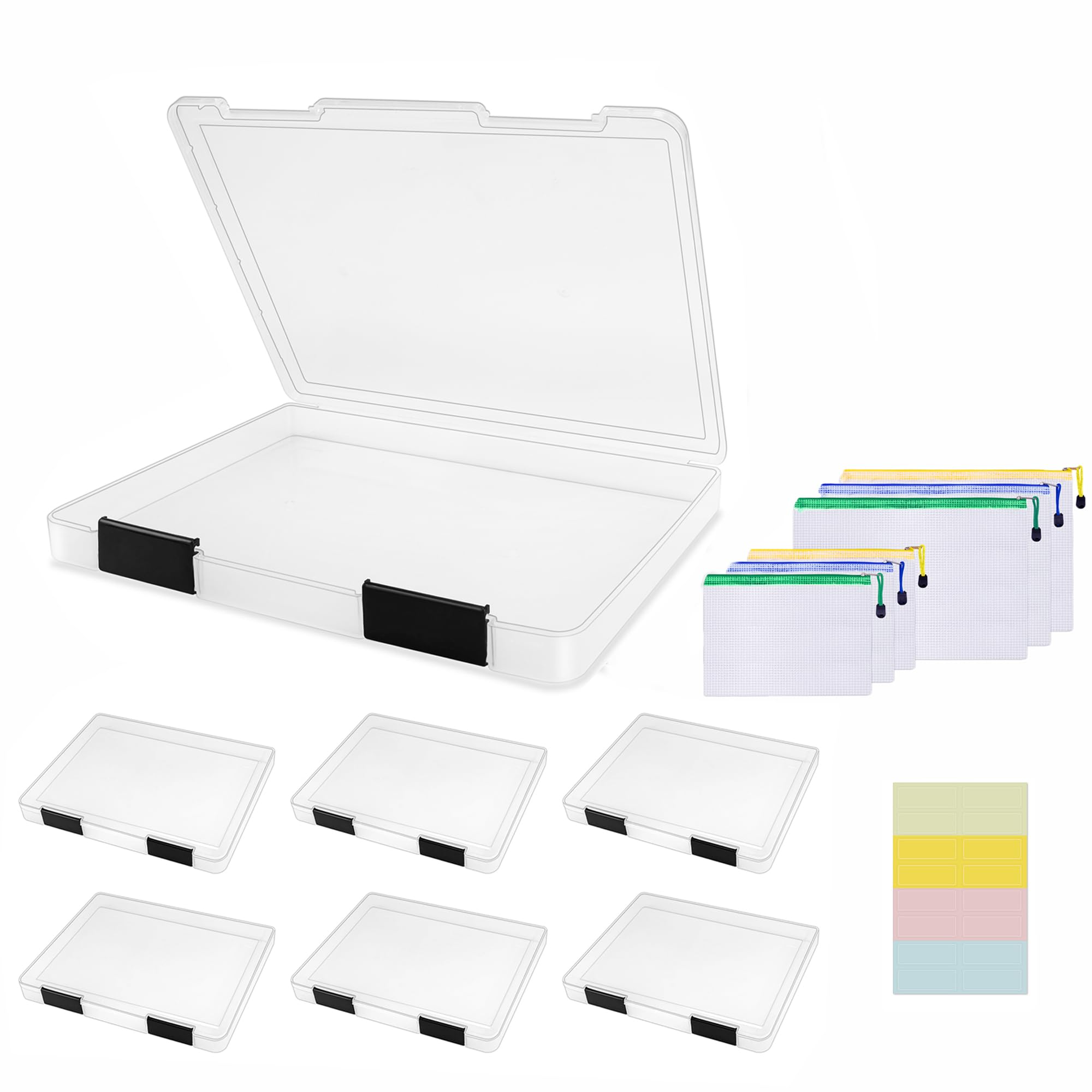 Pechor 6 Pcs A4 File Box Clear Plastic File Storage Box Paper Organizer Board Game Storage Scrapbook File Holder with Buckle, with 6Pcs Plastic Wallets, 16pcs Sticker Labels, Black