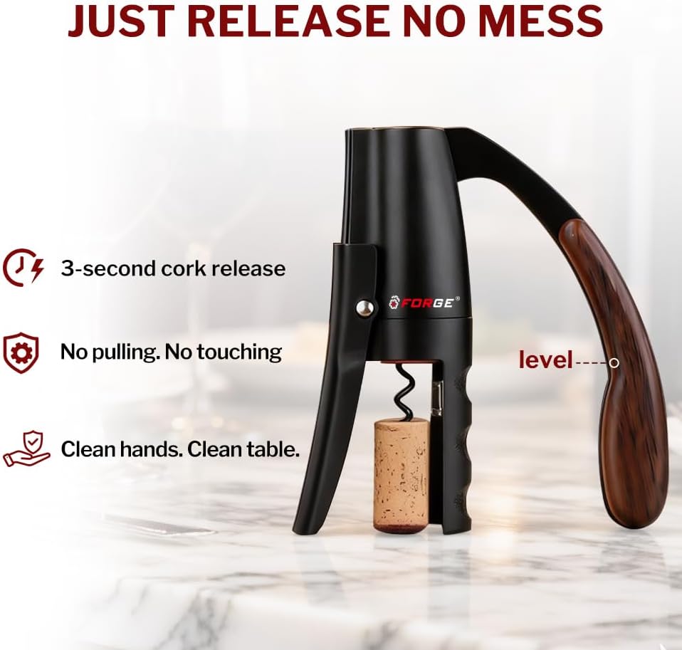 Forge Quality Compact Vertical Lever Corkscrew Wine Opener with Foil Cutter. 3 Seconds to Open a Bottle of Wine. Black.