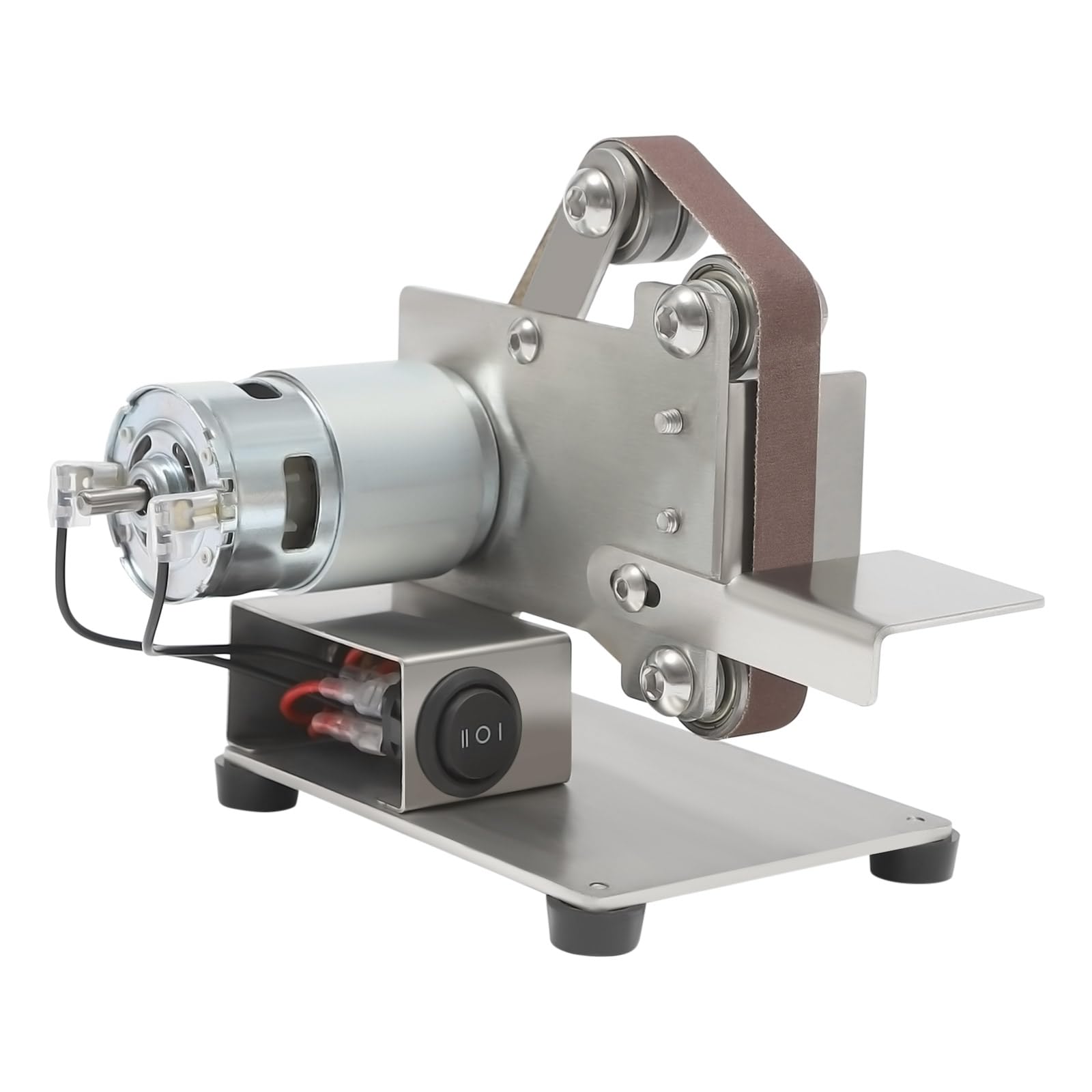 Lijadora de banda, 150 W, minilijadora de banda con 10 bandas de lijado, 10000 rpm, lijadora de pulidora de bricolaje, alimentación ajustable de 7 velocidades+llave inglesa de 3 piezas