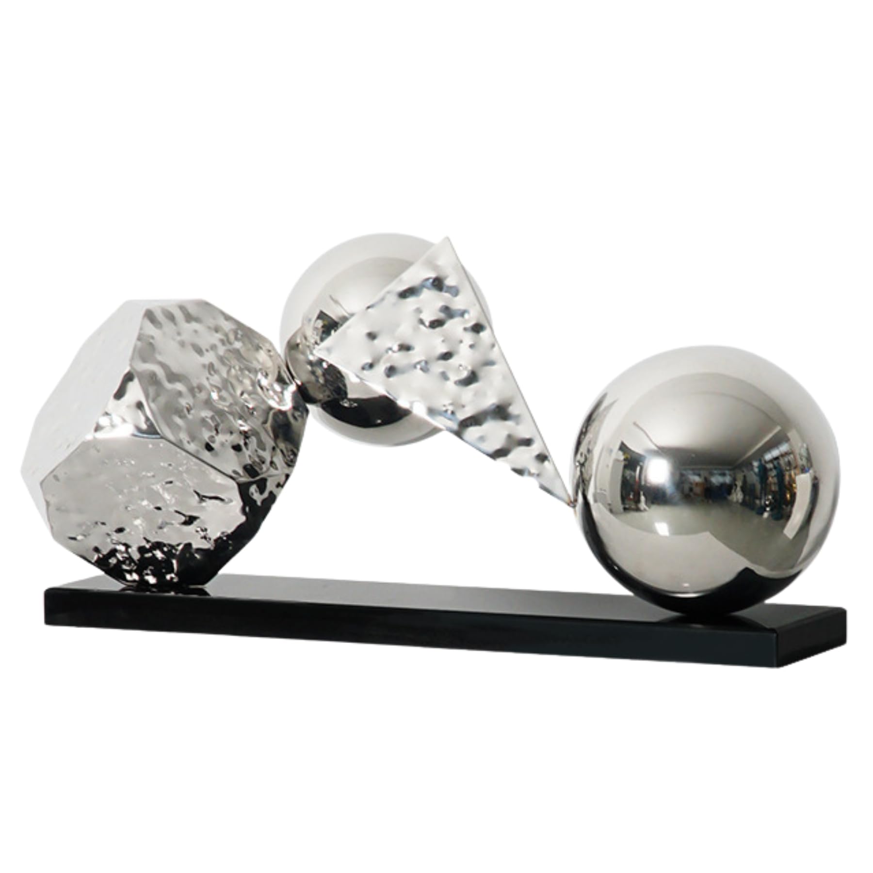 Aottsd L:22.8 In Silver / Black Base Geometric Abstract Statue Stainless Steel Sphere Hexahedron Pyramid Office Decor