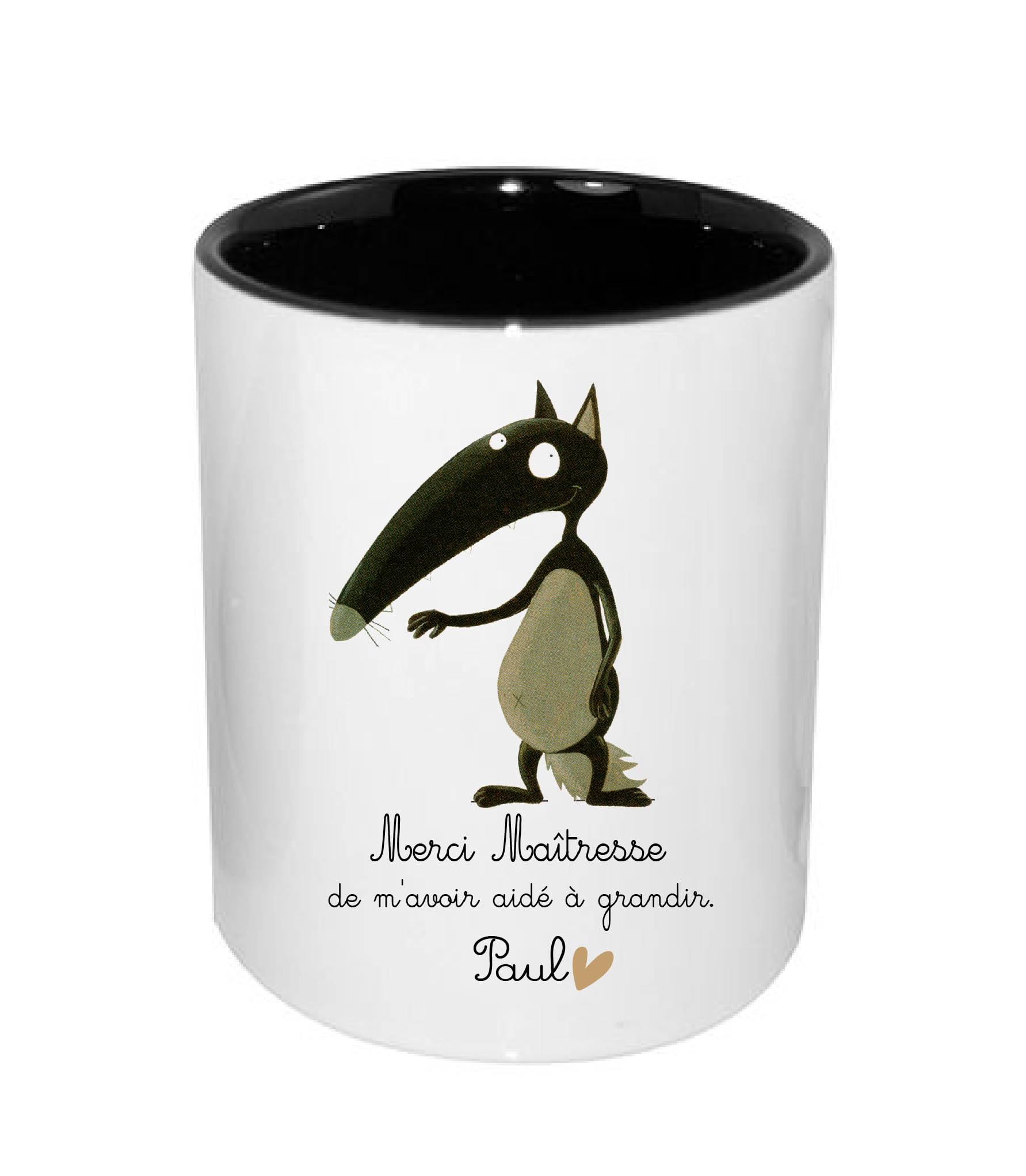 Pot à Crayons Thème Loups – Merci Maîtresse de m’avoir aidé à grandir – Personnalisé avec Prénom – Texte Modifiable – Cadeau Fin d’Année Scolaire – 350 ml