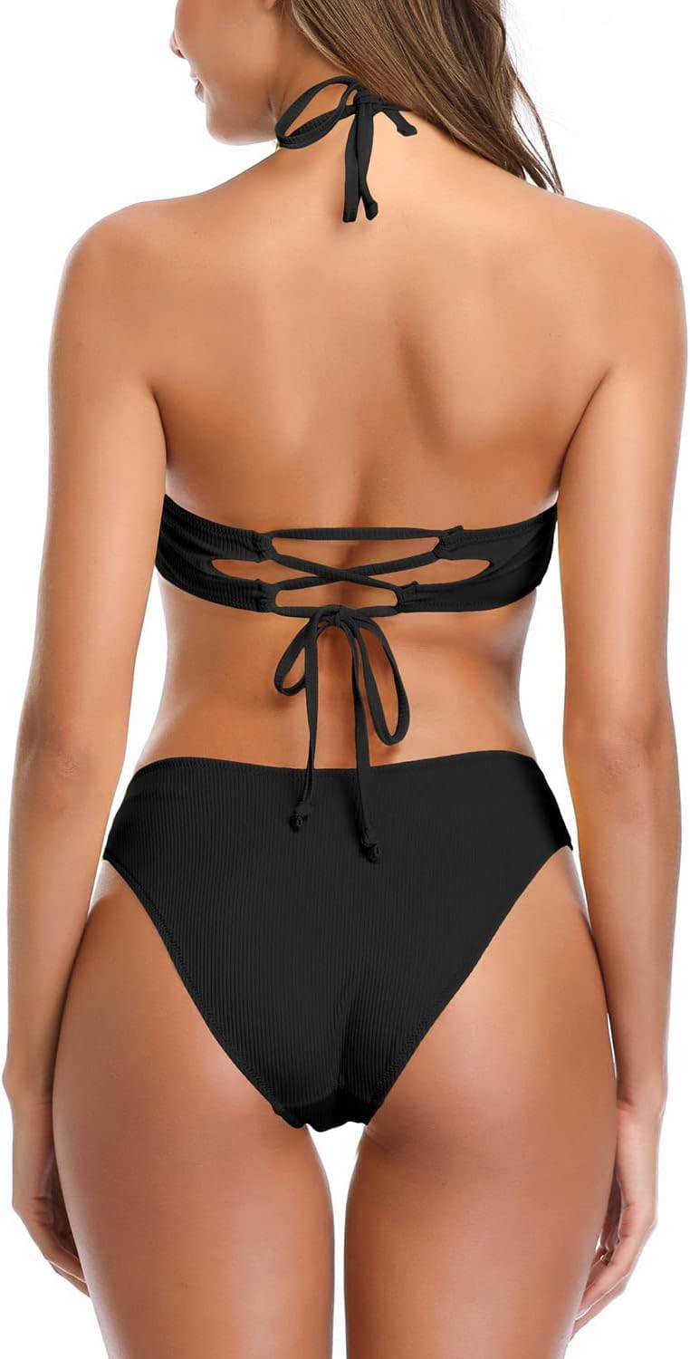 SHEKINI Women's Strapless Bandeau Bathing Suit Halter Lace Up Bikini V Cut Two Piece Swimsuits
