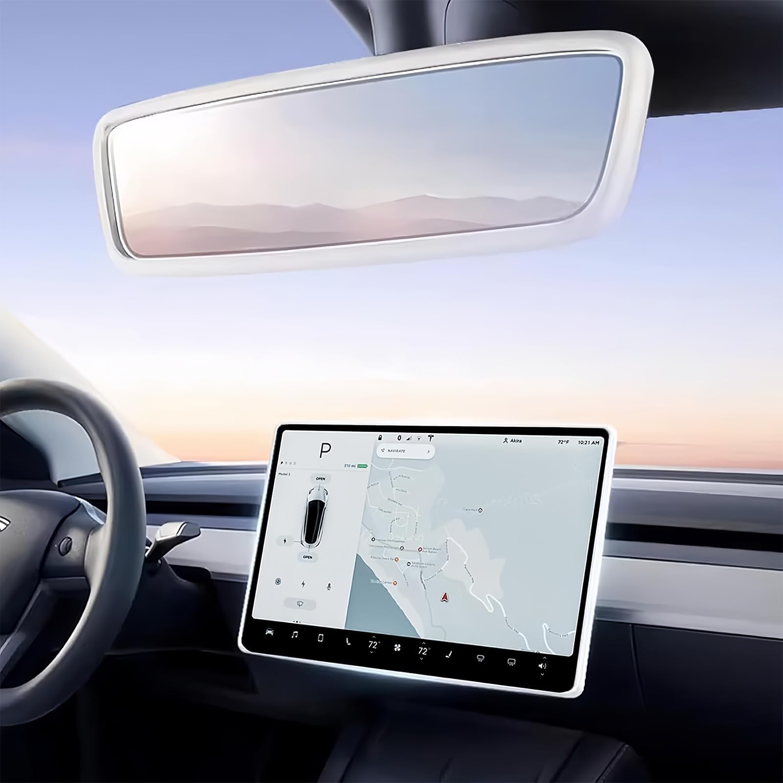 2PCS Protector Trim Frame Compatible with Tesla Model 3 Model Y (2019-2024) Screen Edge Frame Rearview Mirror Cover Interior Silicone Decorations Center Console Decor Accessories (White)