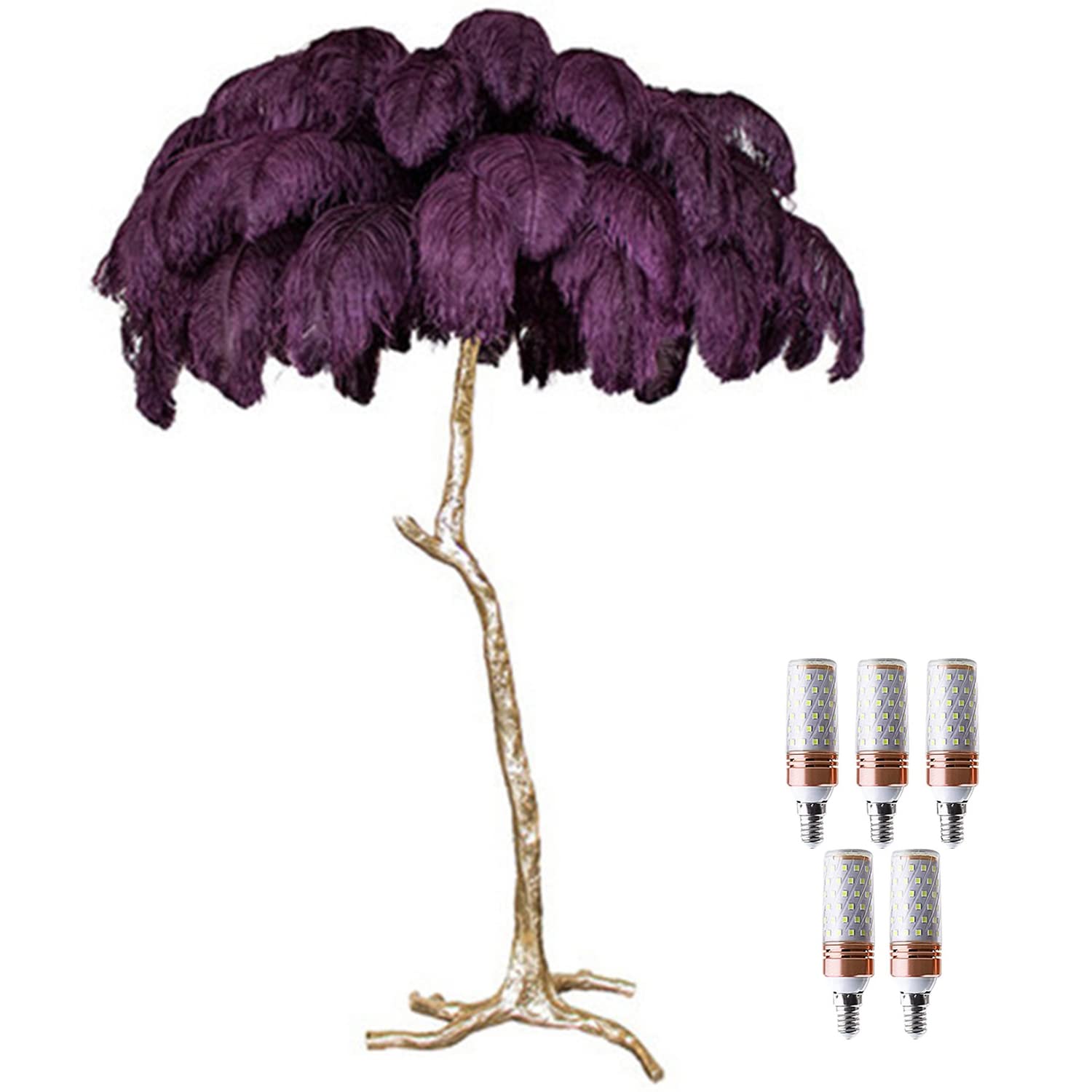 BAHOJAS LED Dimmable Floor Lamp With Natural Ostrich Feathers - Modern Luxury Resin Standing Lamp For Living Room, Home & Office Decoration