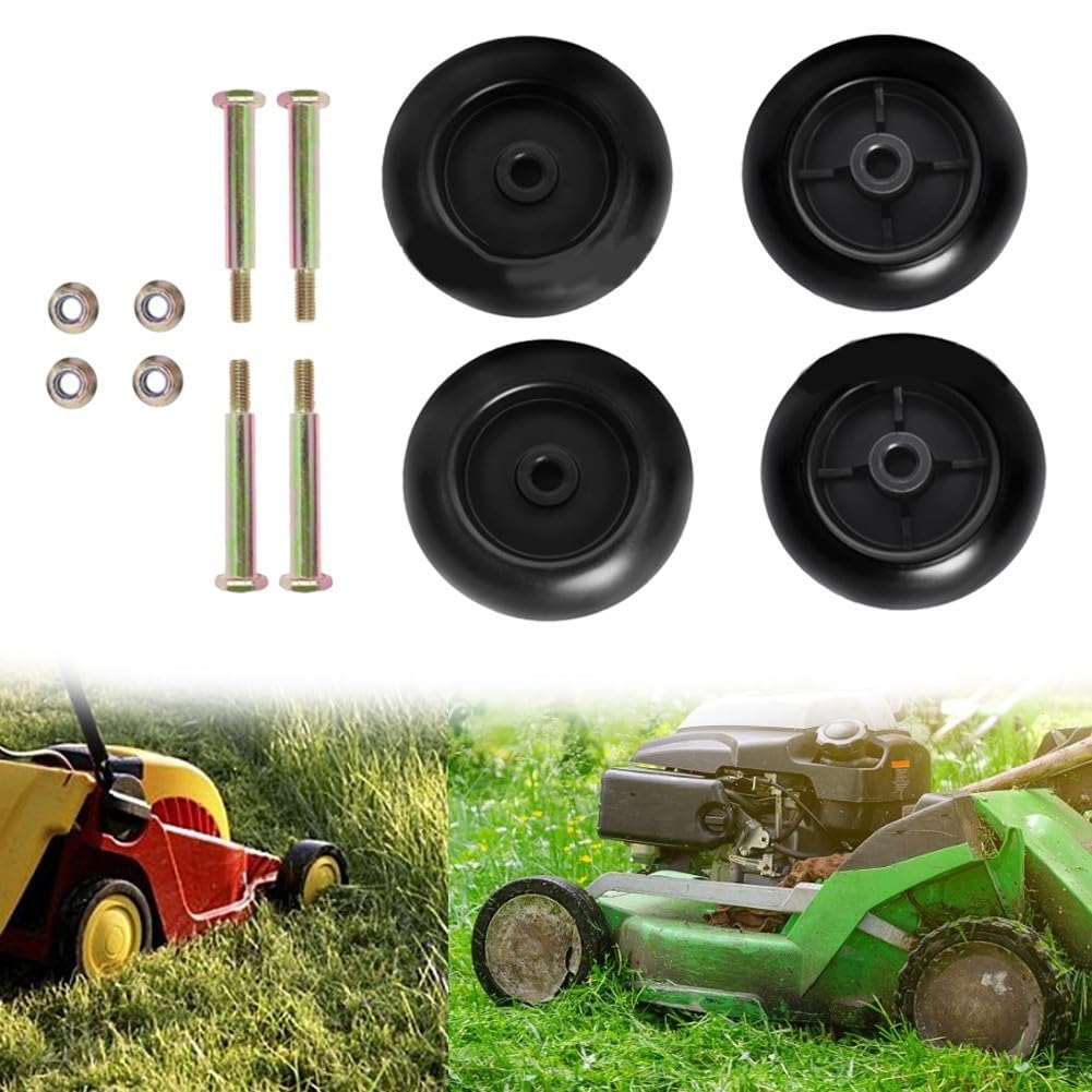 Kit de ruedas de cubierta para cortacésped, ruedas de césped de repuesto, ruedas guía de plástico para cubiertas con pernos de hombro y tuercas de bloqueo, se adapta a cubiertas de corte de 42 a 54