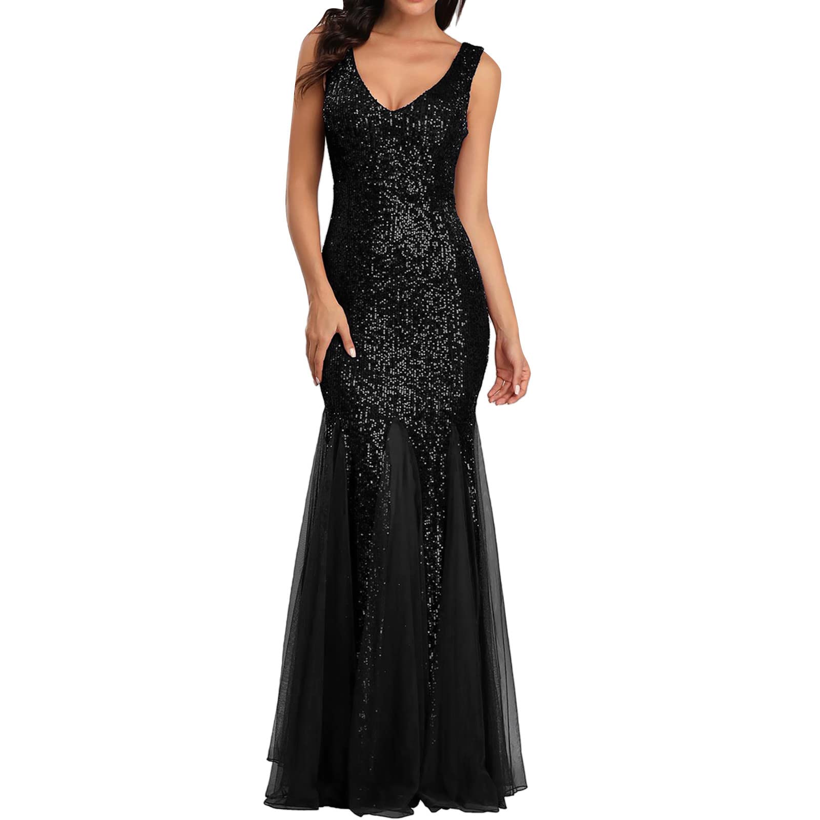 Cocila Abito Lungo Boho Floreale da Donna Abito da a Aderente Ricamato in Pizzo con Scollo a V e Paillettes da Donna Vestiti Smeraldo