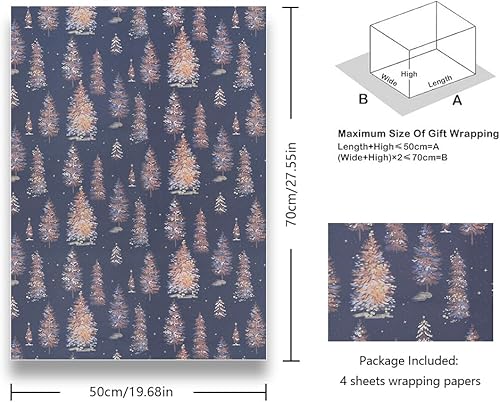 Miniatura 3 de Papel de regalo de bosque para hombres, mujeres y niños, 4 hojas con purpurina de árboles dorados que brillan en azul marino, papel de regalo de