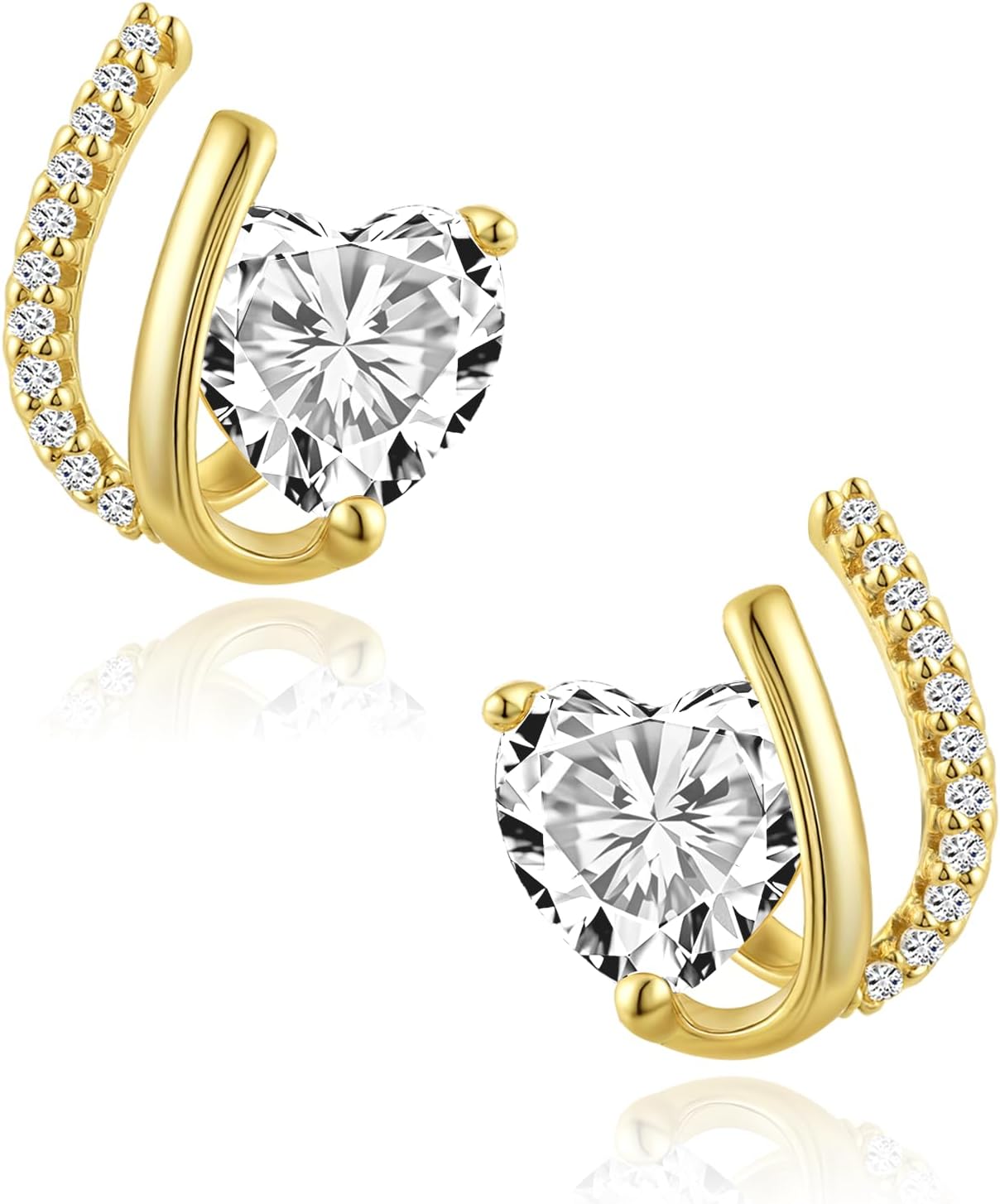 Hypoallergenic Heart Stud Earrings | 14K Gold Plated Cubic Zirconia Jewelry | Sparkle Lightweight Everyday Elegant Gift for Weddings, Sensitive Ears & Valentine’s Day