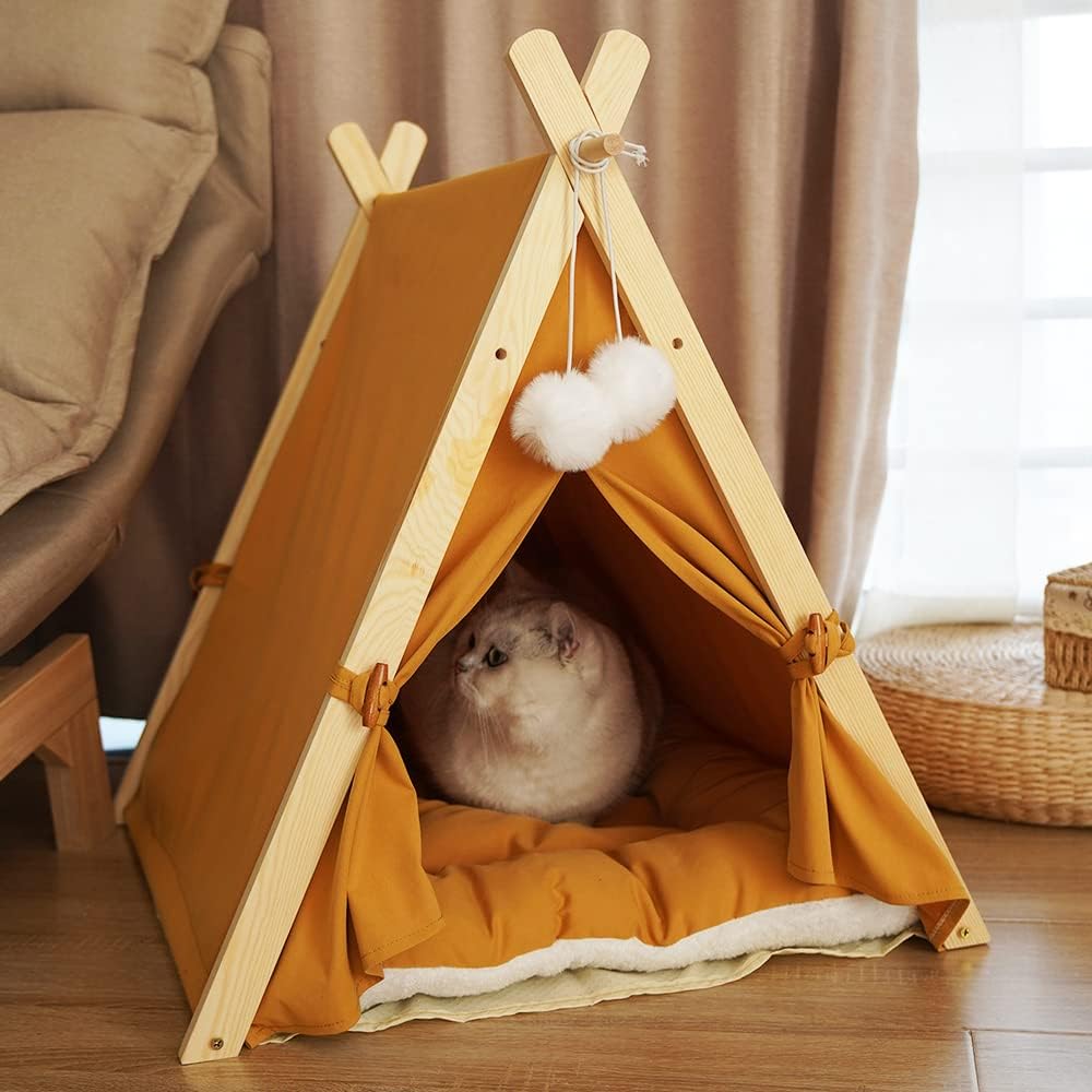 Solid Wood Cat Indoor Tent with Thick Mat,Dog Teepee Pet Teepee Portable Dog House Dog Teepee Tent,Cute Cat Teepee Cave Cat Bed,Dog Bed (Orange)