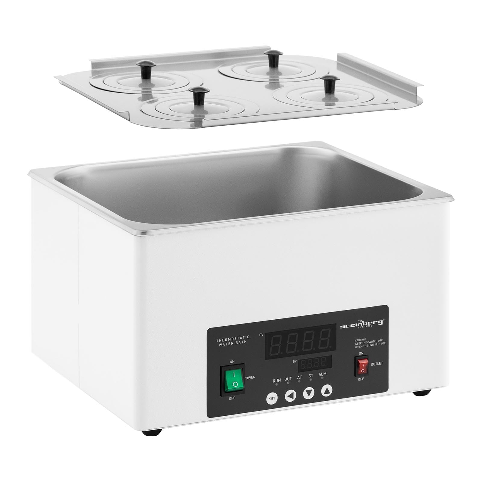 Steinberg Systems SBS-TWB-2004 - Baño de agua termostático digital, 14,6 L, 5-100 °C, 325 x 300 x 150 mm, pantalla LED, sensor NTC y función de temporizador, baño de agua caliente para laboratorio