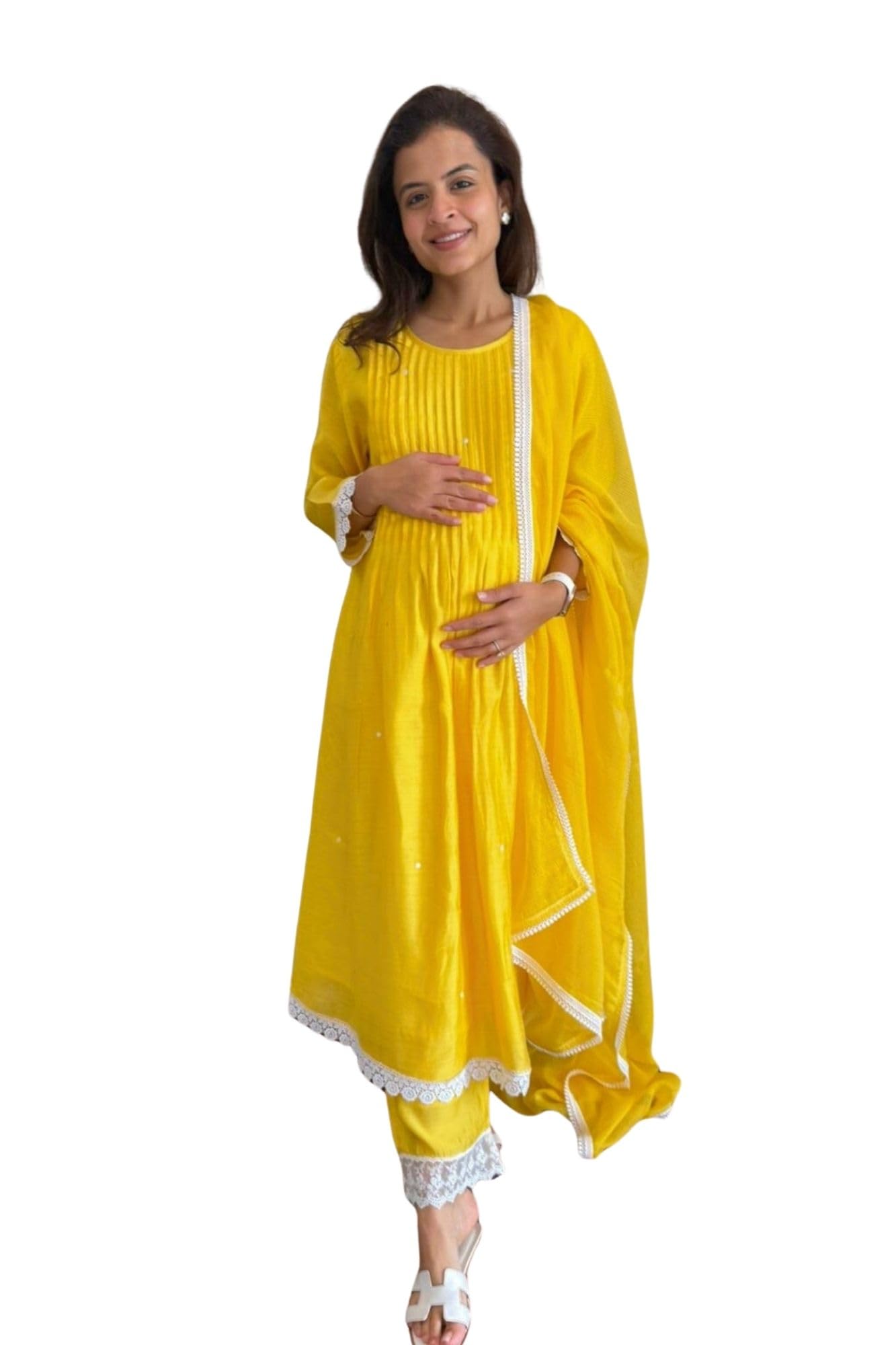 Luxe Yellow Silk Maternity & Nursing Kurta Set with Bottom & Dupatta, 3 Piece Feeding Suit for Women-image-24