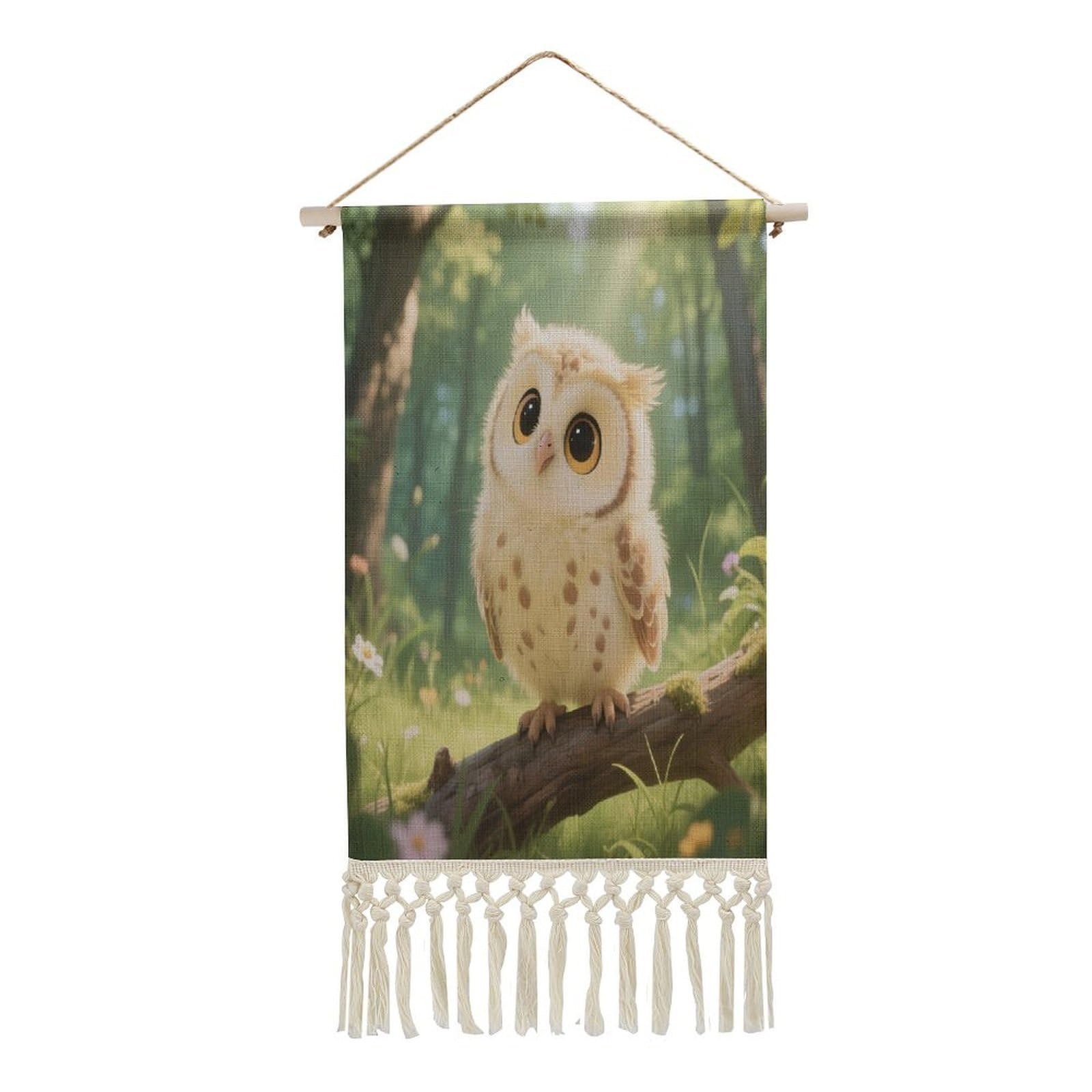 VstaDank Cute Owl Cub Wall Art Decor with Tassels 20"x10" Cotton Linen Hanging Tapestry Decor Wall Art Prints Wood Frame Boho Wall Art Poster for Bedroom Living Room Office