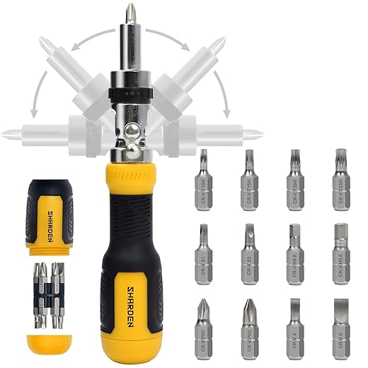 SHARDEN Ratcheting Multi Bit Screwdriver - 13-in-1 Tool Set, Flat Head/Square/Torx/Hex/Phillips, 180 Degree Pivoting Adjustable Angle Magnetic Screwdriver