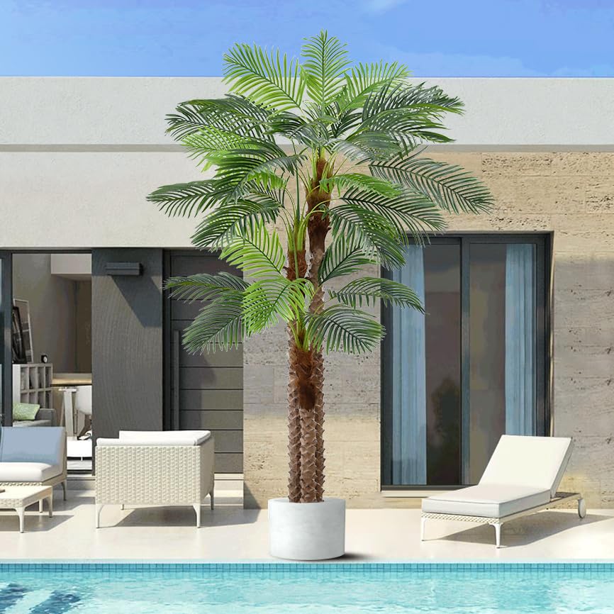 Artificial Triple Phoenix Palm Tree 8FT with 30 Leaves & Real Bark Tropical Coconut Areca Sago Palm Tall Large Faux Plant 94 Inch Black Pot for Indoor Home Office Porch Mall Hotel Decor