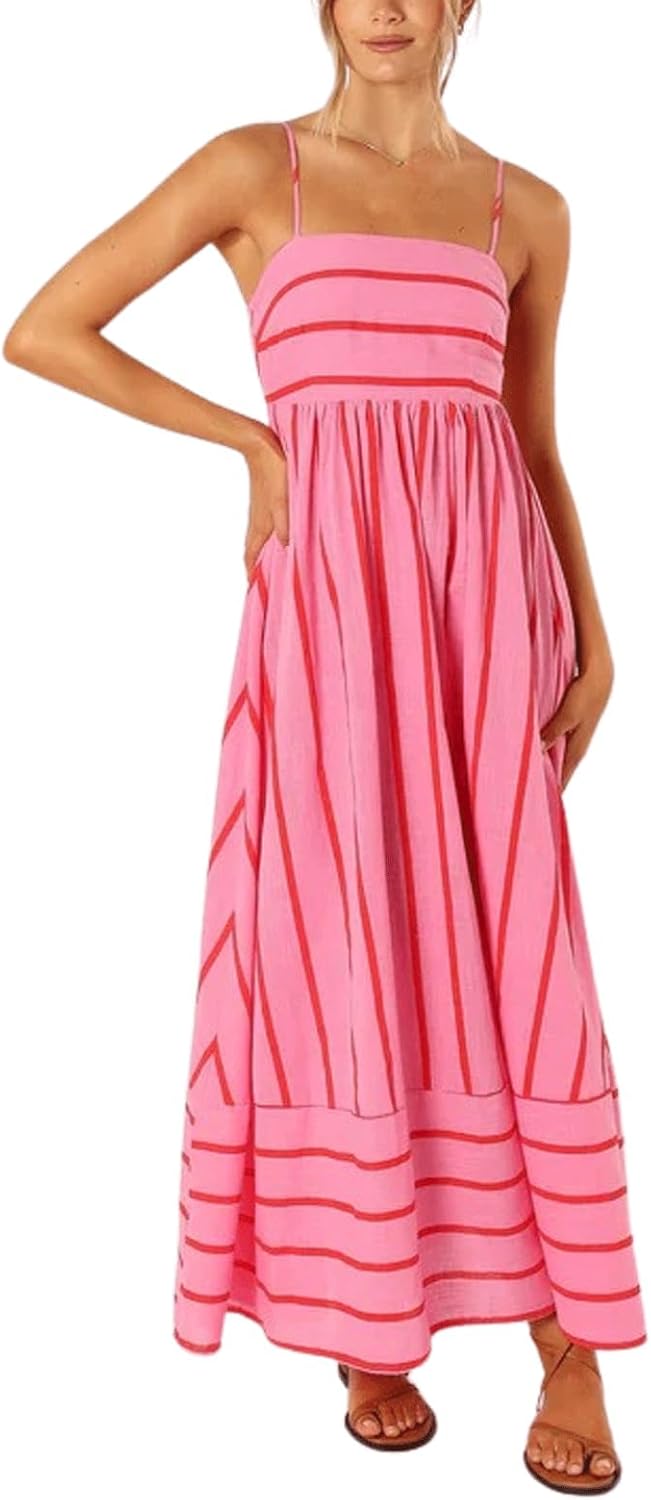 utcoco Womens Summer Striped Back Smocked Maxi Sundresses Spaghetti Strap Cut Out Flowy Swing A Line Long Dress - Image 2