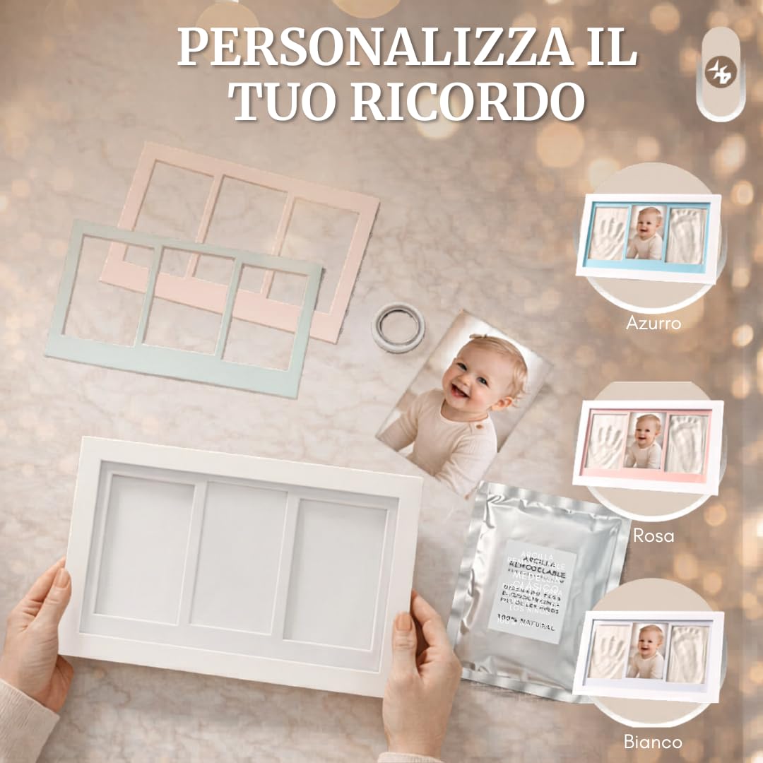 kit Impronte mani e piedi Neonato, Impronta Bambino, Cornice Impronte Digitali, Regalo Neonato, Battesimo, Bambino, Nascita. Argilla Antigrietta e Vetro Acrilico, Impronta Cane.