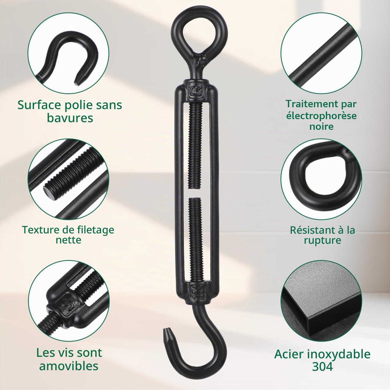 iplusmile Lot de 5 tendeurs réglables en acier inoxydable pour voile d'ombrage et fixation de câble - Revêtement noir - Durable et polyvalent