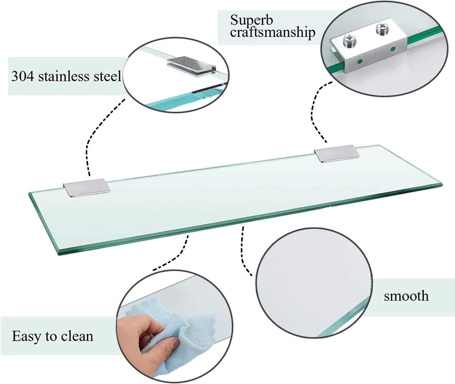 Estantes de Ducha de Vidrio Templado de 8 mm Estante de Pared de Cristal de Acero Inoxidable Soporte Cromado para Baño y Cocina （35CM-2PC）