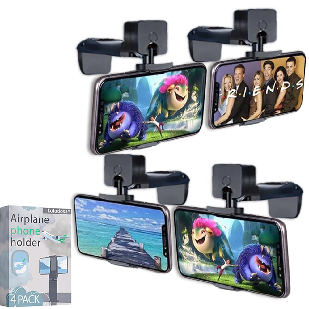 kolodosa 4 Pack Airplane Phone Holder Travel Essentials Accessories Cruise car Mount Cell Stand air Plane Table seat Desk Flight Vacation Size Golf cart Universal Hands Free