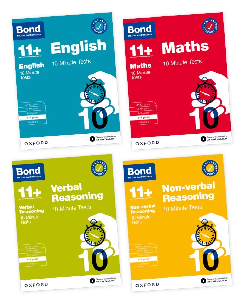 Bond 11+ 10 Minute Tests Bundle for Age 8-9 | For GL Assessment & other 11 plus exams | English, Maths, Verbal Reasoning, and Non-verbal Reasoning
