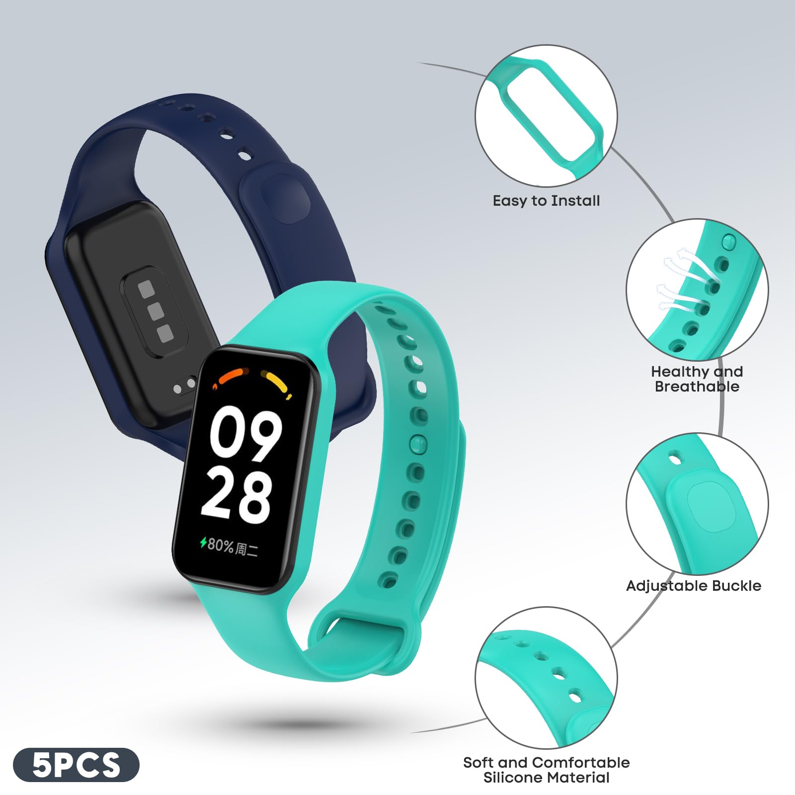 Cinturino In Silicone Per Xiaomi Smart Band 8 Active E Redmi Smart Band 2 – Morbido, Traspirante E Impermeabile (Blu Scuro)