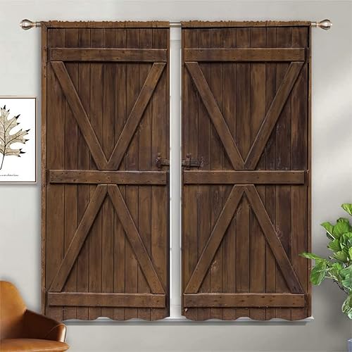 Miniatura 3 de Cortinas opacas rústicas para puerta de granero para niños y niñas, decoración de oscurecimiento de habitación, madera de grano de madera marrón,
