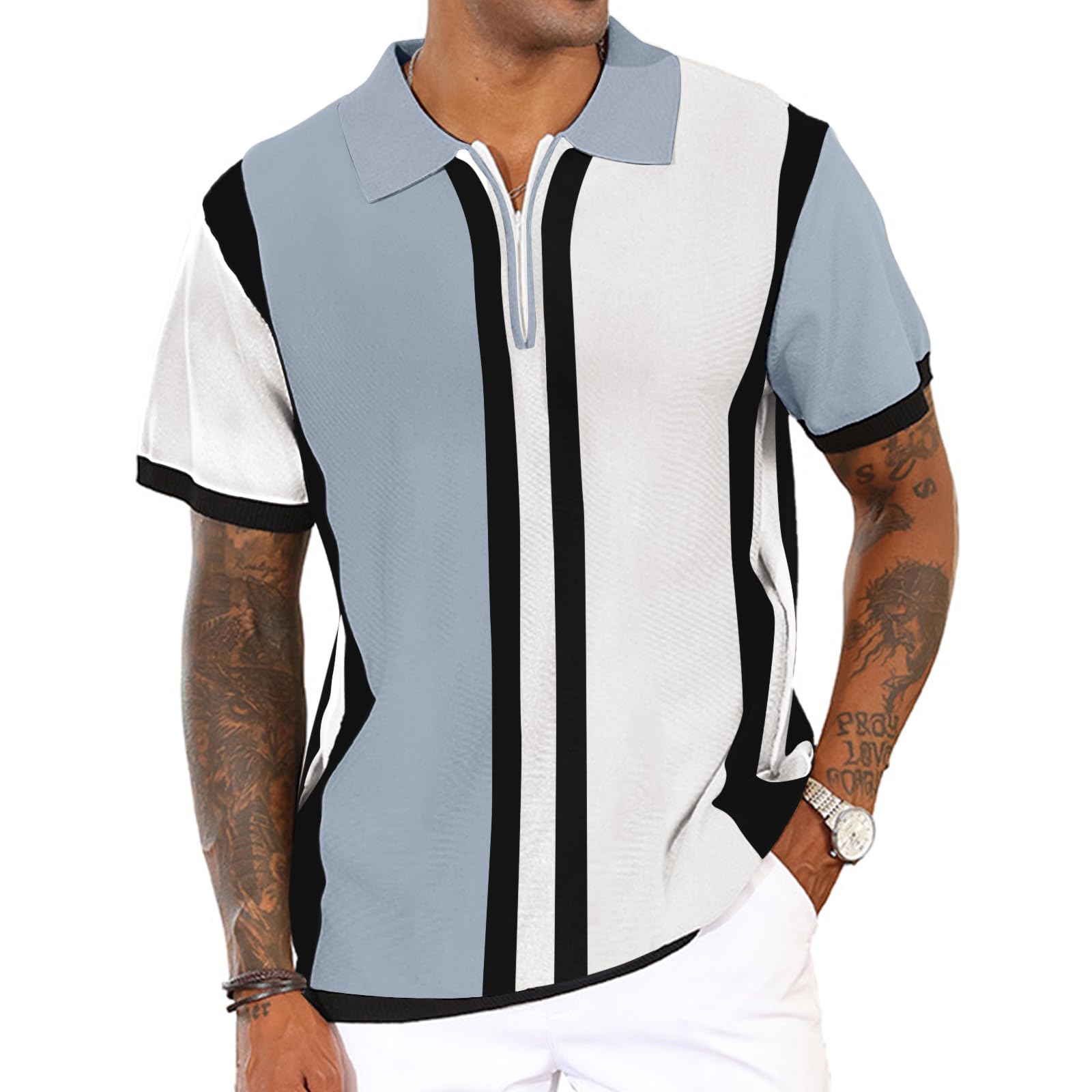Men's Fashion Knit Polo Shirts Vintage Striped Knitting Shirts Ribbed Slim Fit Golf Shirts Light Blue