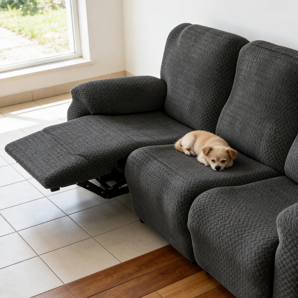 Paquete de 8 fundas para sillón relax de 3 plazas, funda extensible todo en uno, lavables, con bolsillos, funda para sillón, para sillón de TV, tumbona (gris oscuro)