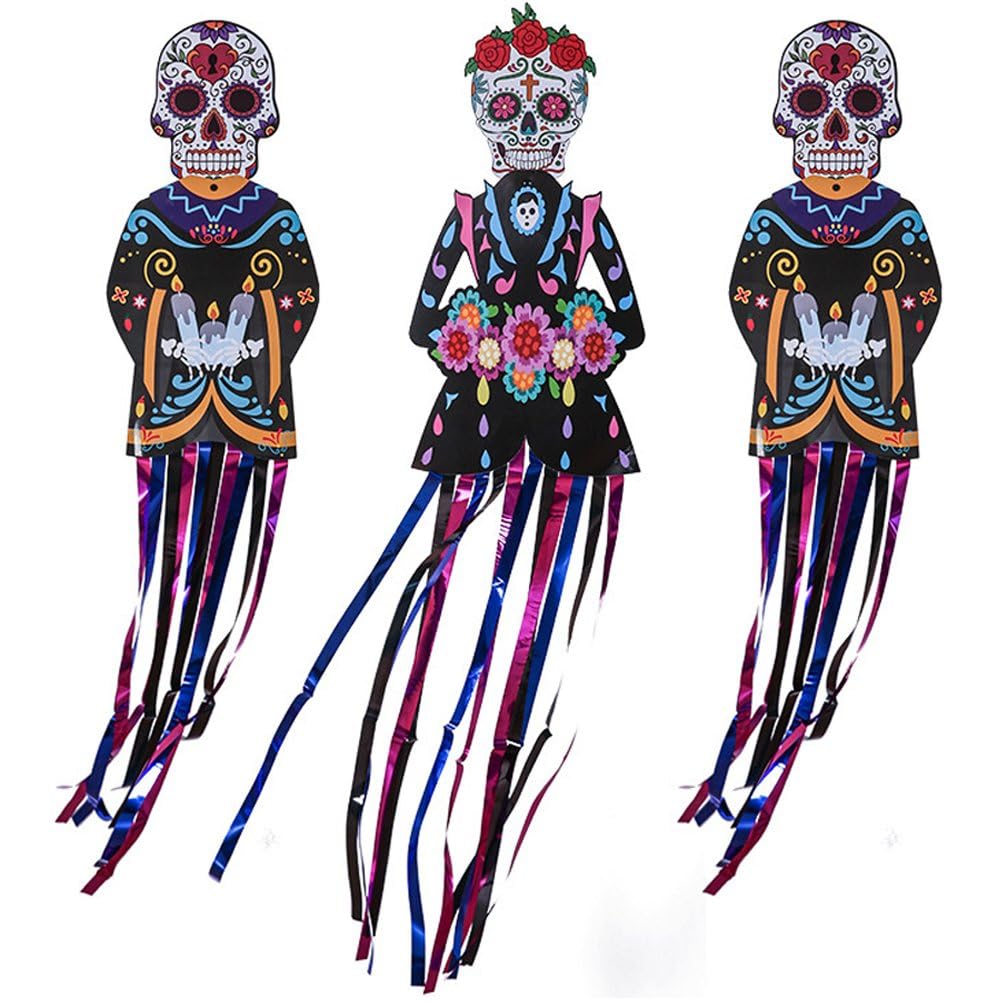 Décoration Jour des Morts plastique extérieur : lot de 3 suspensions Halloween pour jardin