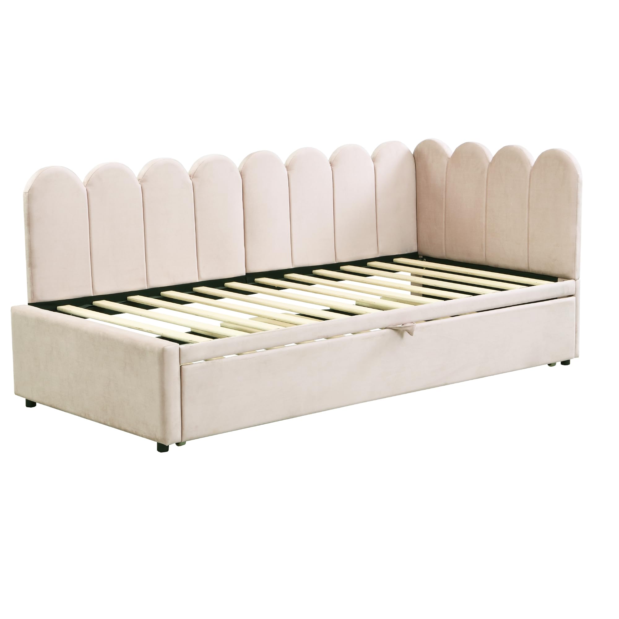 Sofá cama multifunción 2 en 1 en forma de L (90/180 x 200 cm), cama tapizada de terciopelo, diseño que ahorra espacio, se puede utilizar como cuna o cama de invitados, beige (sin colchón)