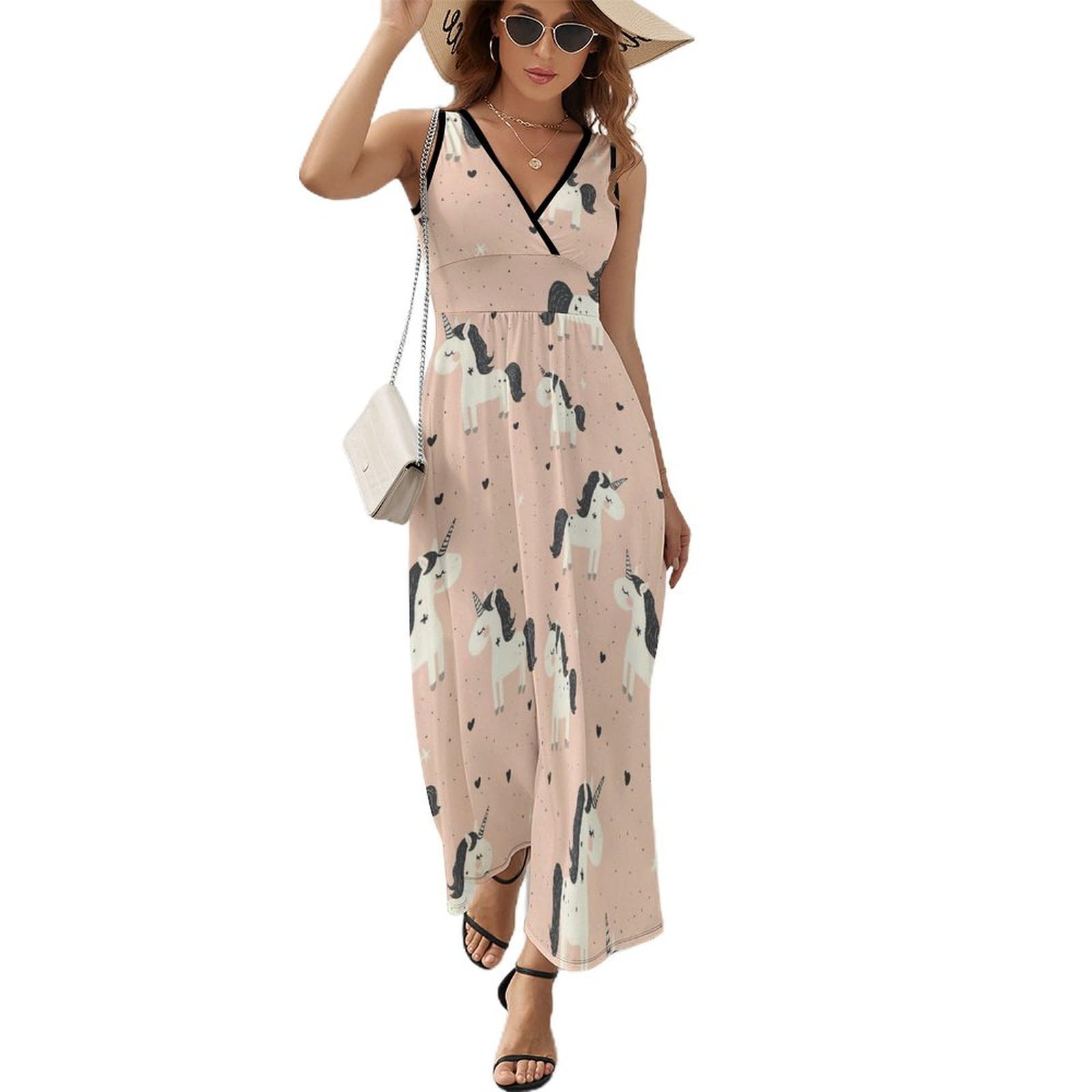 Cute Cartoon Horse Print Summer Midi Dresses for Women 2025, Casual Sleeveless Beach Vaca…
