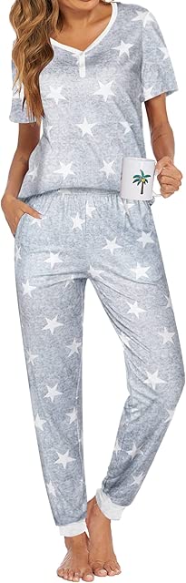 Ekouaer Pajamas Set Womens 2 Piece Lounge Set Short Sleeve Pjs Joggers Pants Sleepwear with Pockets
