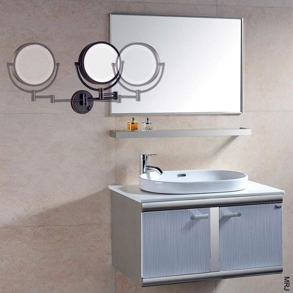 Specchio for trucco a LED da parete Specchio da barba pieghevole da 8 pollici con ingrandimento 10X Specchio da barba pieghevole for bagno Luce allungabile Specchio da parete cosmetico bifacciale Nero
