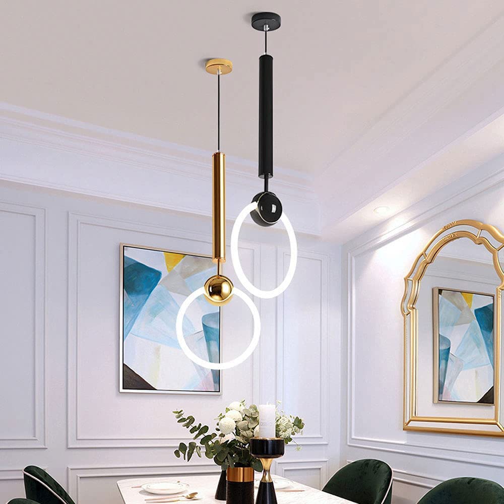 Hertl Lámpara colgante nórdica moderna,Lámpara colgante de arte de hierro redondo creativo,Lámpara de un solo cabezal con anillo dorado for cocina, isla, dormitorio, comedor
