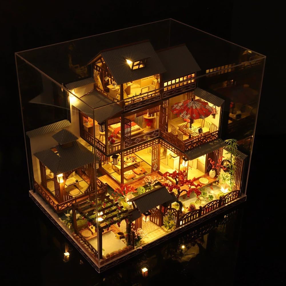 DIY Japanische Villa Szene Architekturmodell Kirschblüten Garten montiert Spielzeug Haus Musikhaus Kit mit Staubschutz 3D Puppenhaus Kreatives Geschenk