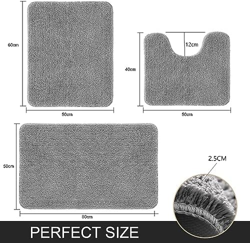 Achiiso Bathroom Mat Set 3 Pieces,Non Slip Bathroom Toilet Mat, Super Absorbent Microfiber Bathroom Floor Mat Machine Washable Bath Rug(Grey,U40x50cm +50x60cm+50x80cm)