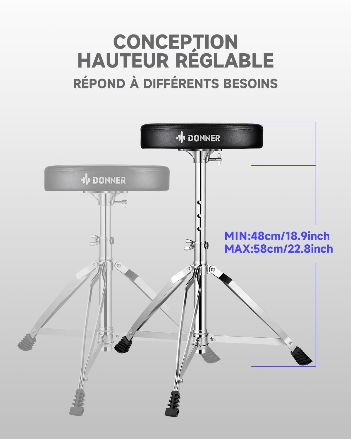 Tabouret de Batterie avec Baguettes en Bois d'érable, Tabouret de Batterie Donner, Hauteur réglable 48-58 cm pour Batterie électronique, Batterie, Charge maximale 90 kg
