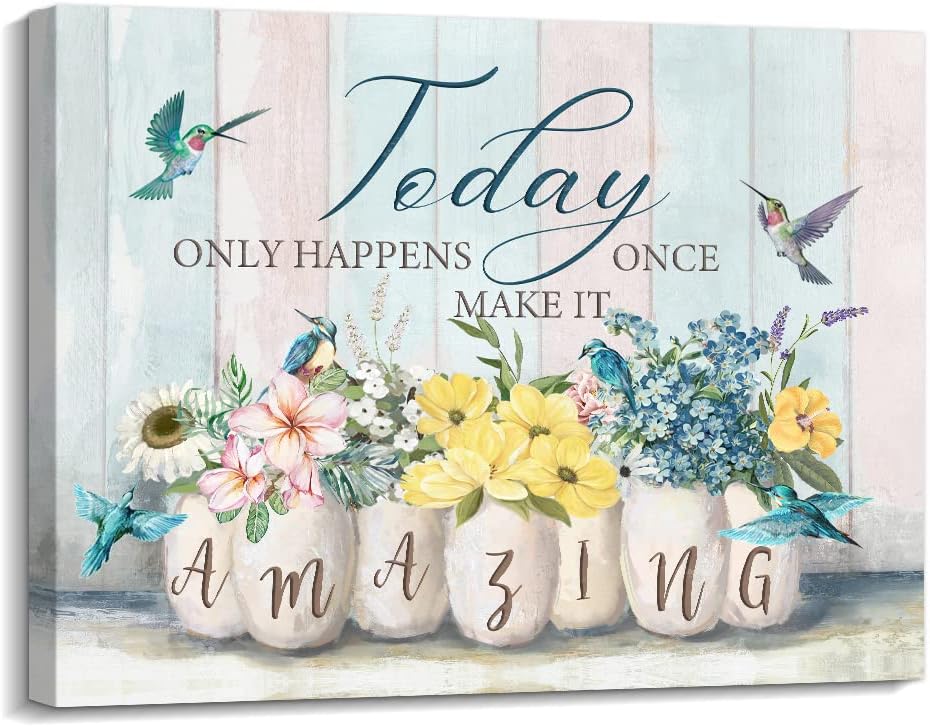Kas HomeMotivational Wall Art Rustic Farmhouse Canvas Wall Art with Flowers Hummingbirds Positive Quotes Wall Decor for Bedroom Living Room Dining Kitchen Home Decoration