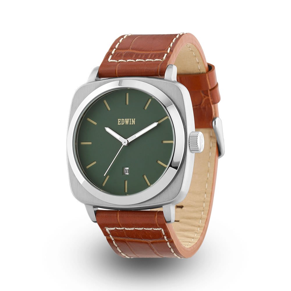 Edwin Julius Men's Stainless Steel 3-Hand Date Watch with Brown Genuine Leather Band and Green Dial