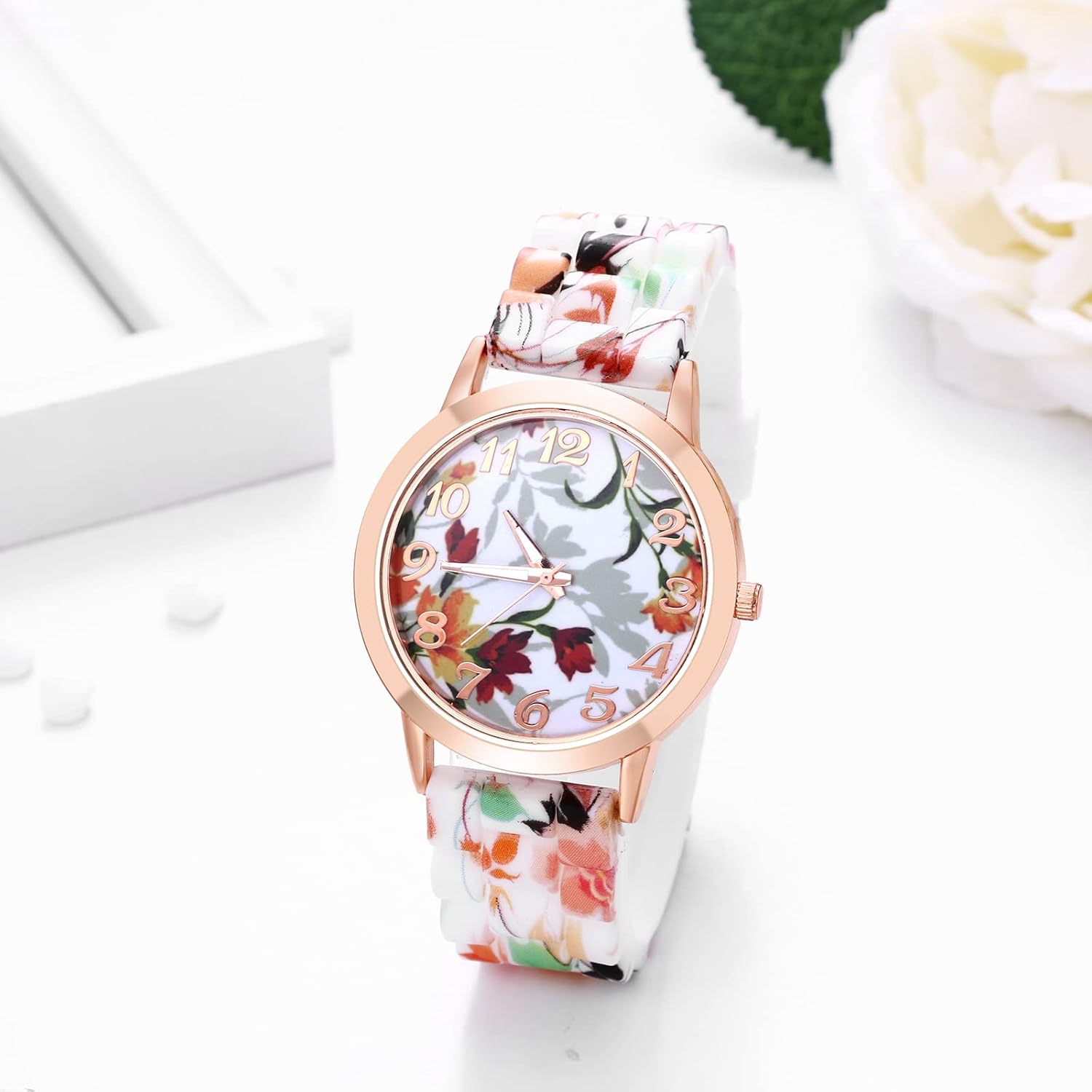 JEWELRYWE Women Watches Silicone Band Wristwatch Round Analog Quartz Floral Casual Dress Watch for Ladies for Valentine's Day - Image 4