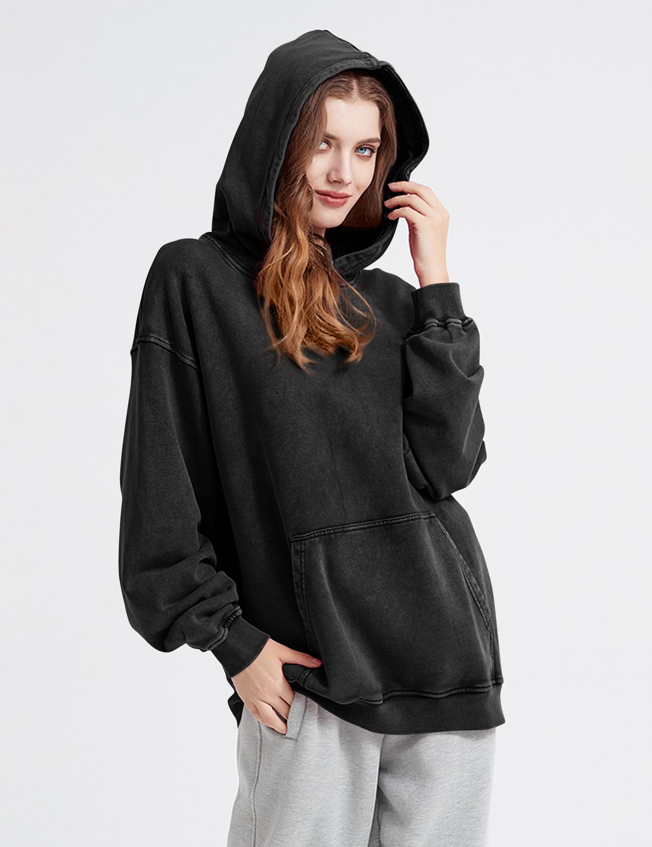 Kissonic Felpa da donna con cappuccio vintage con lavaggio acido, alla moda, pesante, con cappuccio, per coppie, streetwear