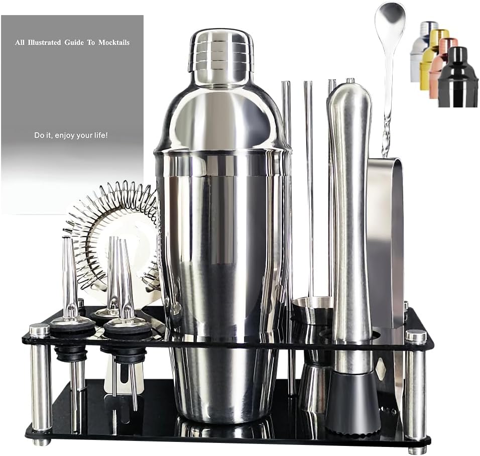 Bartender Kit, 13 Piece Cocktail Shaker Set Stainless Steel Bar Tools with Black Stand, 25 oz Shaker, Jigger, Spoon, Pourers, Muddler, Strainer, Tongs, Recipes