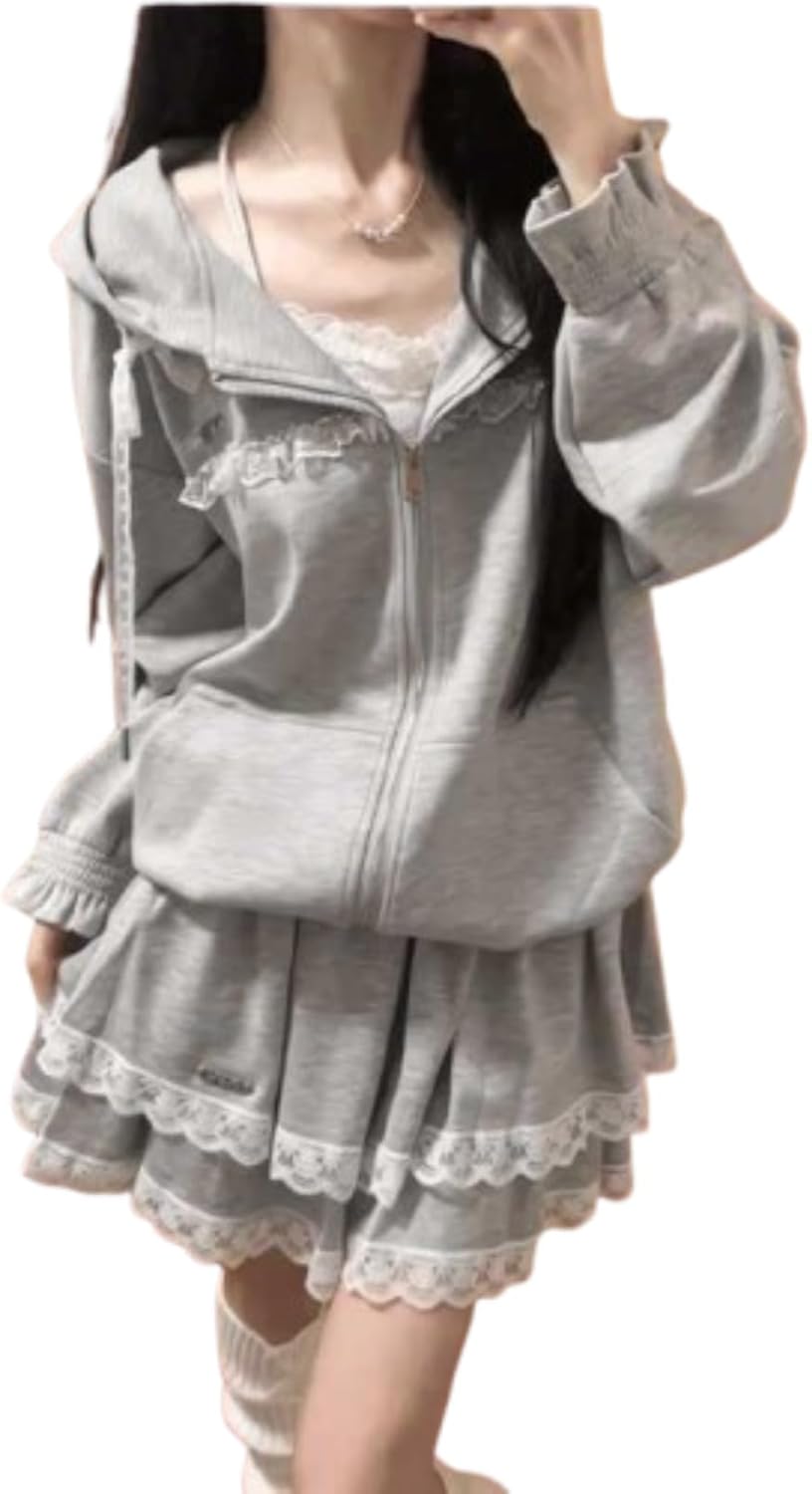 Pokn Women Two Piece Outfit Aesthetic Hoodie Lace Trim Skirt Zip Up Sweatshirt High Waist Layered Mini Skirts