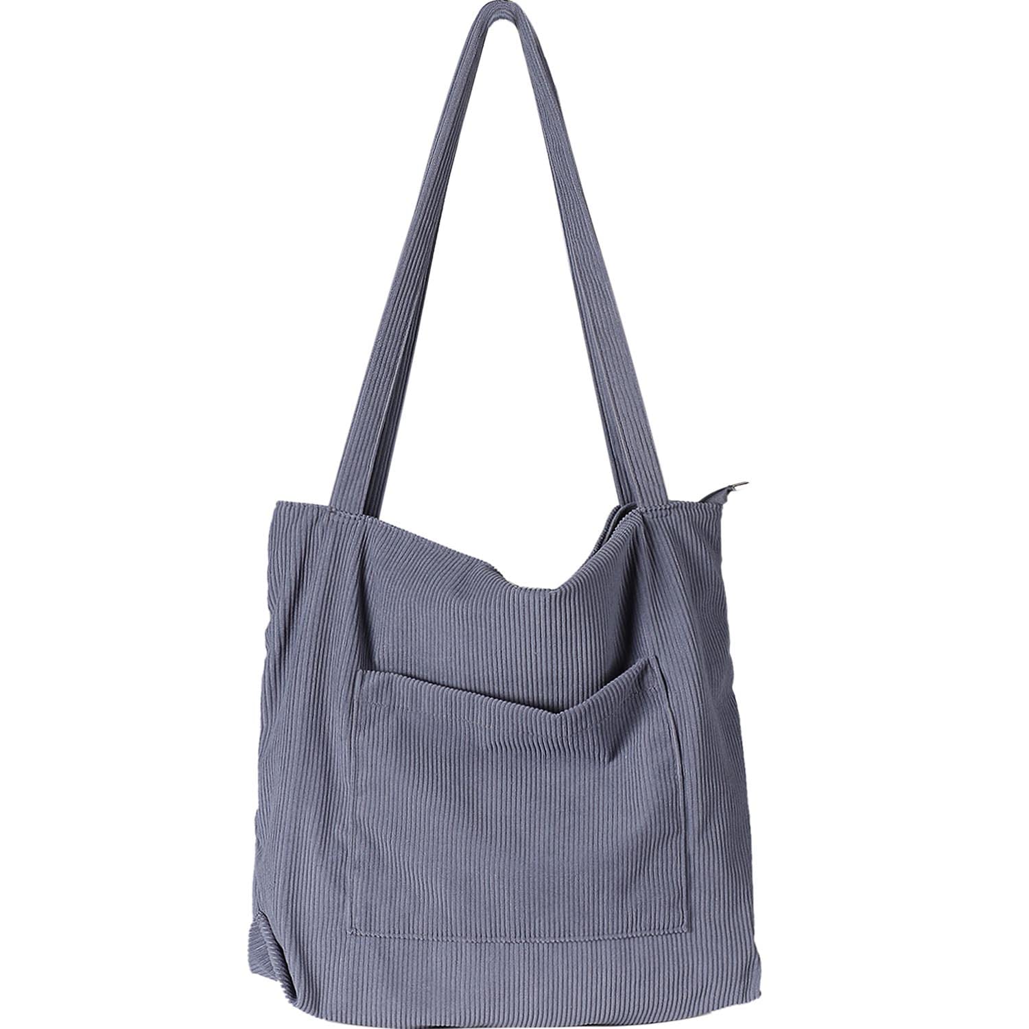 Women Corduroy Tote Bag, Large Shoulder Hobo Bags Casual Handbags Big Capacity Shopping Work Bag (Grey)
