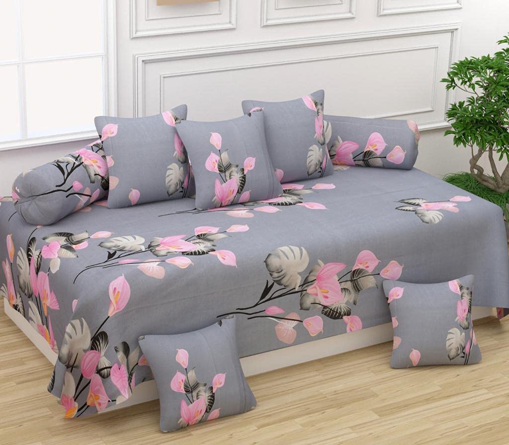 Gurnoor Supersoft Glace Cotton Floral Diwan Set, 1 Single Bedsheet, 2 Bolster Covers, 5 Cushion Covers (Grey, Standard)-picture-16
