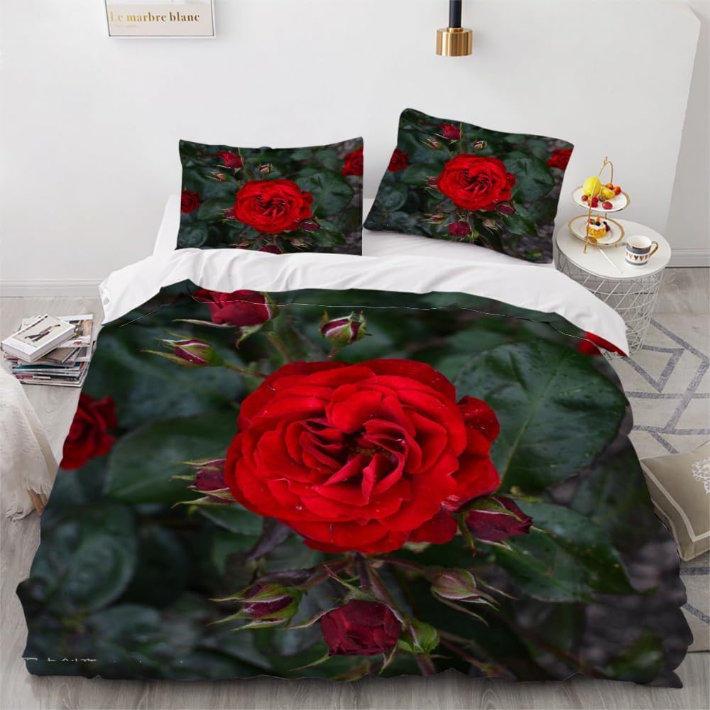 Komplet pościeli 220 x 240 cm, czerwona róża, miękka pościel z mikrofibry, poszewka na kołdrę 3D, z nadrukiem 3D, piękne kwiaty, 3-częściowy komplet pościeli z zamkiem błyskawicznym i 2 poszewki na