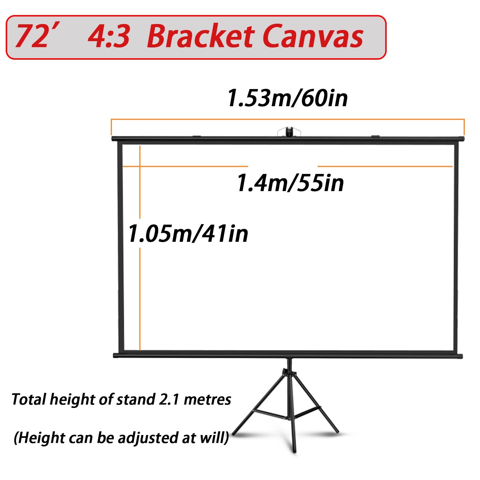Tripod Screen 60", 72" Schermo Proiettore con Supporto, Treppiede Regolazione Dell'altezza, Telo per Proiettore Portatile per Interni Ed Esterni，per Video Proiettori, 4:3, 16:9(4:3,72")