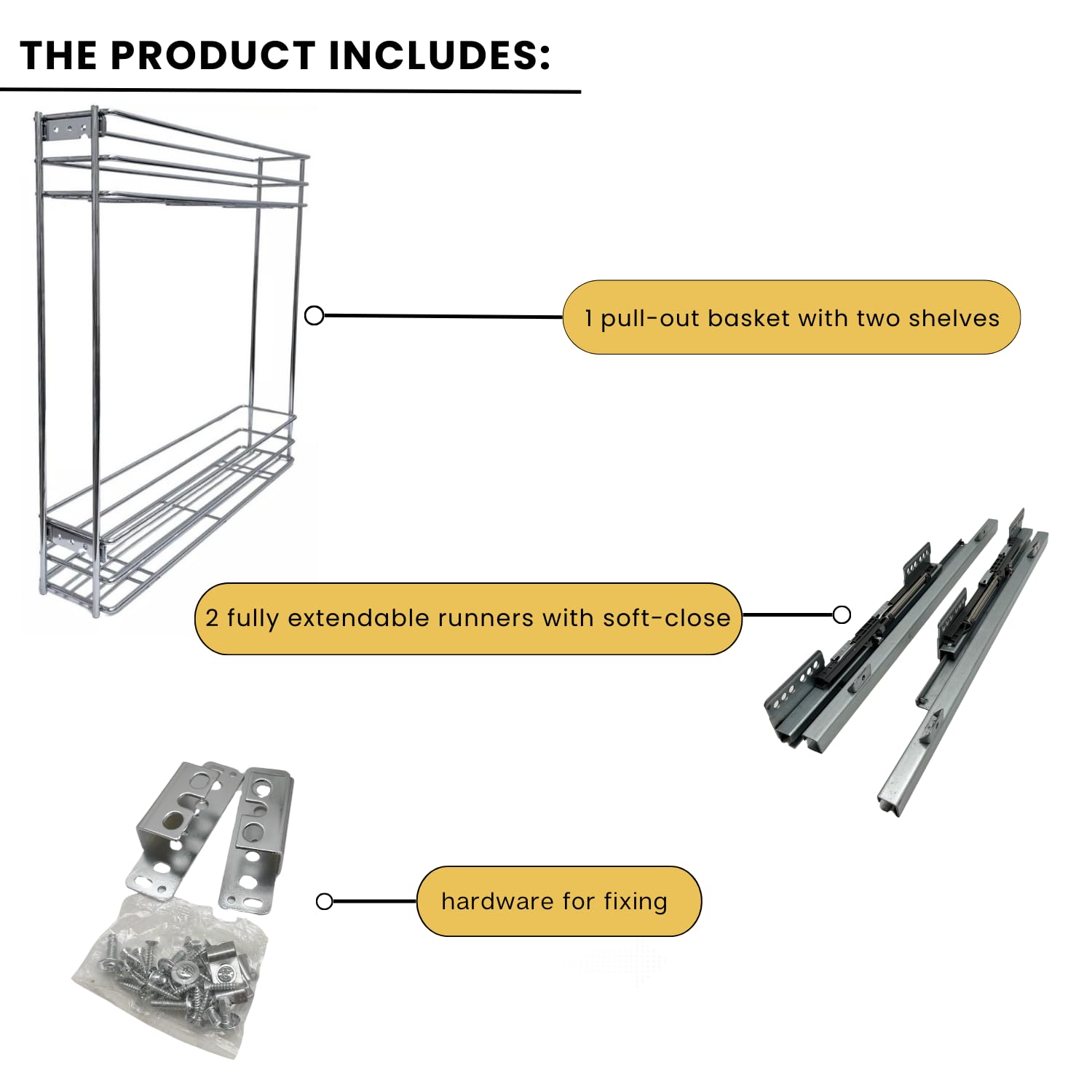 EVOTRADE Panier amovible de cuisine, chariot coulissant amorti en acier inoxydable, extraction totale, porte-bouteilles, bocaux, outils (pour module 15 cm)