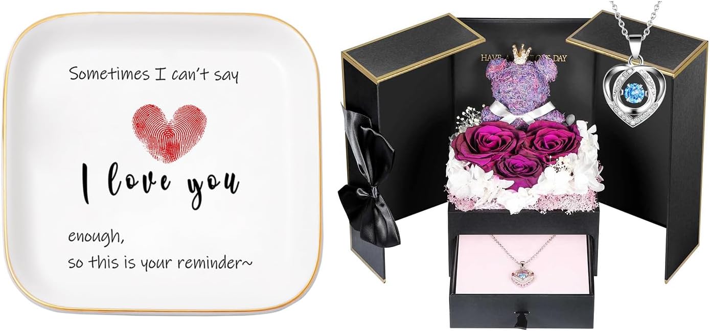 ADDWel Purple Preserved Roses with 925 Sterling Silver Necklace & I Love You Ceramic Jewelry Dish - Unique Valentine's Day, Christmas, for Wife, Girlfriend, Mom